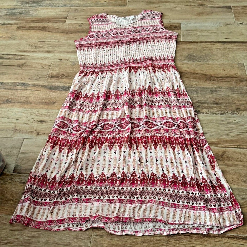 Women's CW Classics Rayon Dress Pink‎ & White Size XL Sun Beach New Shirring